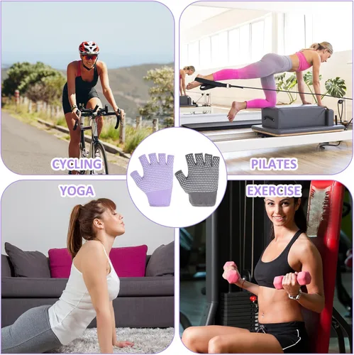 Vista 7 de Guantes de gimnasio antideslizantes sin dedos para mujer, 2 pares de guantes de pilates antideslizantes de silicona para yoga, fitness, deportes