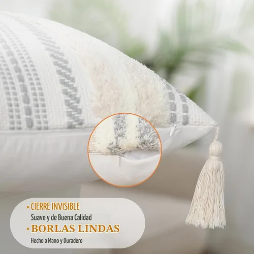 Vista 8 de decorUhome Funda de almohada decorativa bohemia de 18 x 18 pulgadas, funda de almohada de acento con textura neutra acolchada a rayas para sofá