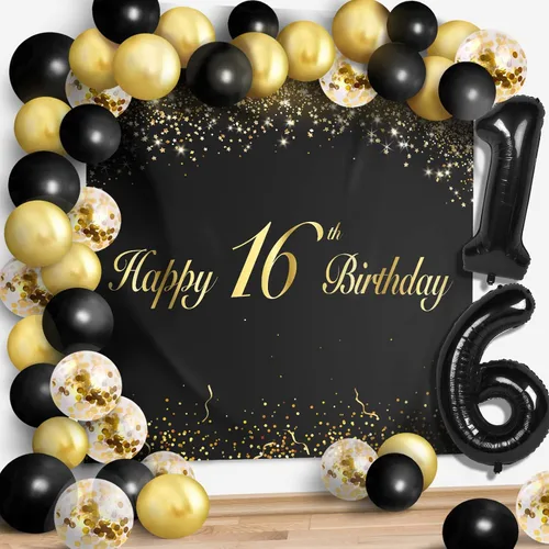 Vista 33 de Globos de Feliz 10 Cumpleaños Negros Set Decor - Saludos a la Fiesta de 10 Años de Edad, Guirnalda, Bandera, Telón de Fondo, Decoraciones
