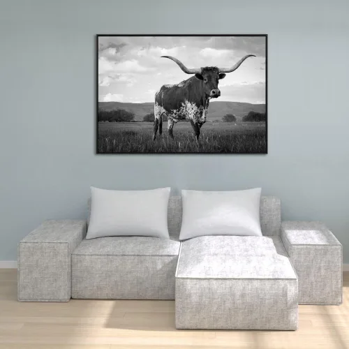 Vista 4 de Visual Art Decor Lienzo de animales extragrandes para pared, decoración de Texas, lienzo giclée de cuerno largo, pintura con marco flotante negro