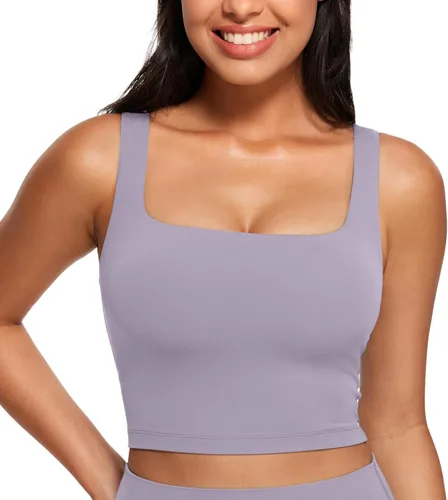 Vista 20 de CRZ YOGA Butterluxe Square Neck Crop Tank Top Brasier integrado, soporte ligero, almohadillas extraíbles, yoga, extremadamente suave, tirantes