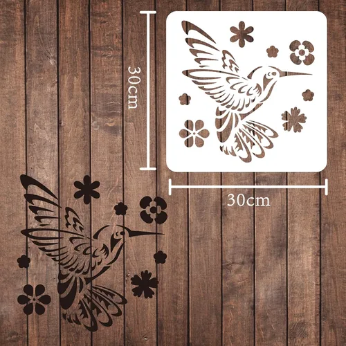 Vista 2 de FINGERINSPIRE Plantilla de decoración de colibrí de 11.8 x 11.8 pulgadas, plantilla de plástico para dibujar flores de pájaros, plantillas cuadradas