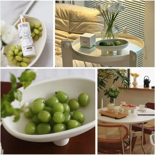 Vista 5 de WENSHUO Frutero de cerámica de tres patas para encimera de cocina, cuenco decorativo para decoración de mesa, cuencos grandes ovalados de 10 Crema