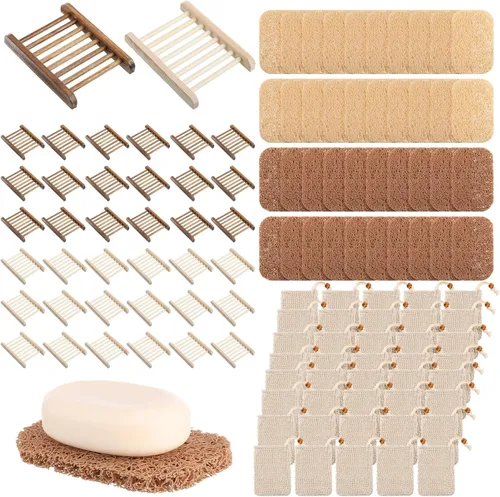 Vista 8 de Juego de 60 piezas de protector de jabón que incluye plato de madera, bolsa exfoliante, almohadillas protectoras a granel con autodrenaje, bolsa