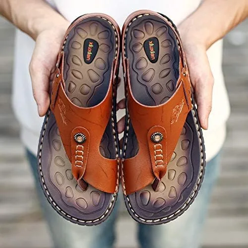 Vista 5 de Sandalias para hombre para interiores y exteriores, chanclas de playa, informales, de cuero, sin cordones, dos usos, pantuflas atléticas, suaves
