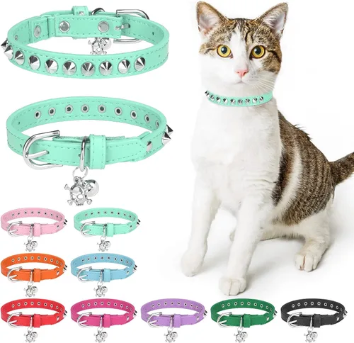 Vista 28 de Collares de cuero DILLYBUD para gatos macho y hembra con campana y cinturón elástico de seguridad, collar ajustable con hebilla de seguridad