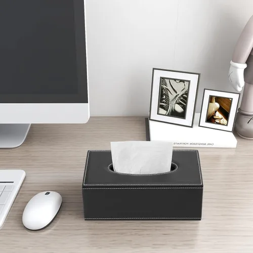 Vista 9 de Organizador de escritorio de cuero PU con soporte de estación de carga inalámbrica para iPhone 10W, soporte rectangular para caja de pañuelos negro