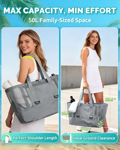 Vista 2 de Bolsa de playa de 50L con parte inferior impermeable y malla recubierta para playa, barco, piscina y deportes