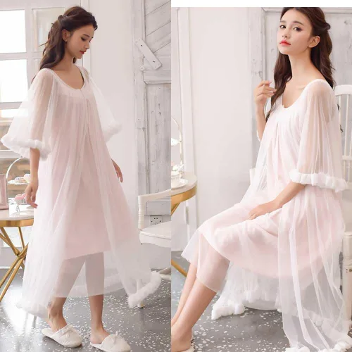 Vista 3 de Camisón sexy vintage para mujer, 2 piezas, ropa de dormir victoriana, pijama para niñas