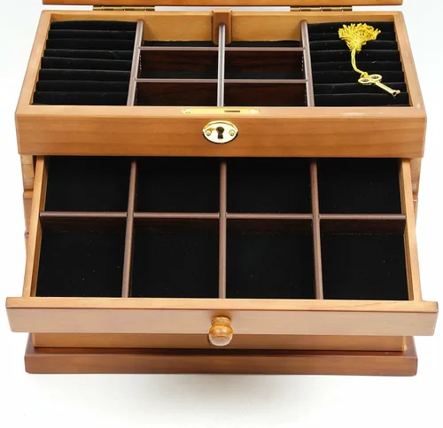 Vista 4 de Joyero organizador de 6 capas con cerradura y espejo, cajas de joyería de madera de trébol de cuatro hojas de la suerte y organizadores