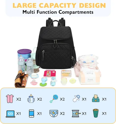 Vista 3 de LORADI Mochila ligera para pañales con clips para cochecito, bolsillos aislados, artículos esenciales para baby shower (nailon, negro)