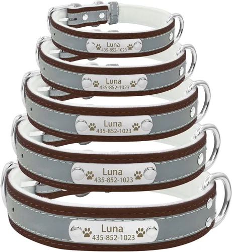 Vista 3 de Collar de perro de cuero reflectante personalizado con forro cálido, collar de perro personalizado con placa de nombre grabada para perros y gatos