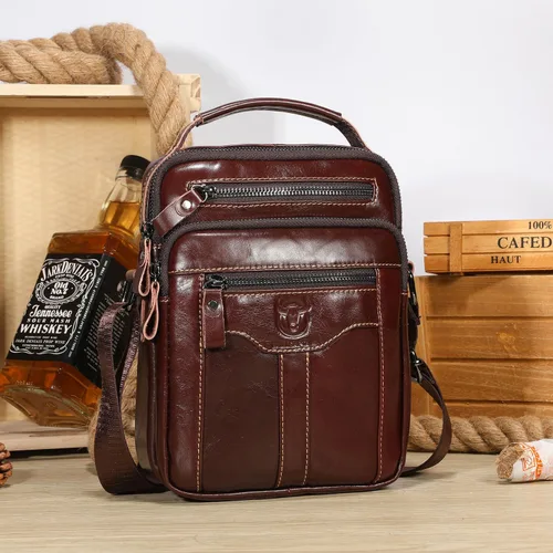 Vista 4 de Bolsos cruzados de cuero para hombre, bolso de hombro casual, bolso de mensajero de viaje, bolso vintage con múltiples bolsillos