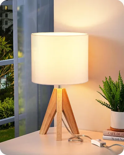Vista 14 de EDISHINE Lámpara de mesa pequeña estilo Boho, lámpara de mesa de madera color nogal con trípode, lámpara de mesita de noche estilo granja