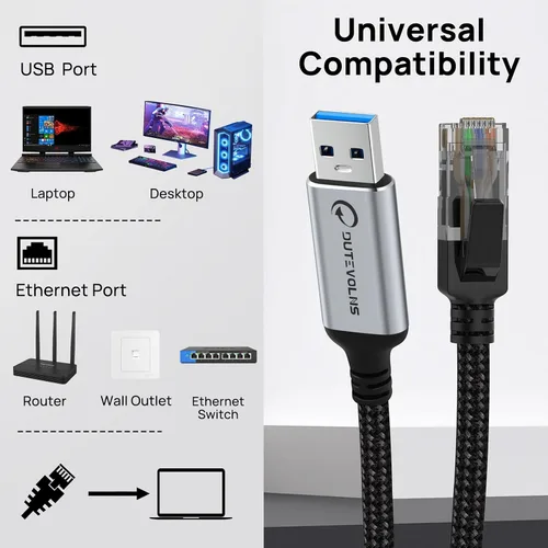 Vista 7 de Cable USB a Ethernet 3,3 pies, adaptadores USB 3.0 A a RJ45 macho de nylon, conexión Gigabit directa, compatible con laptop, PC de escritorio