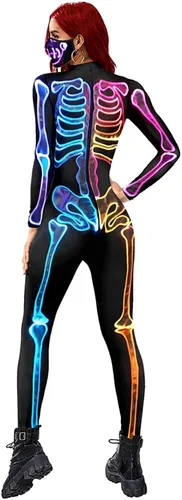 Vista 2 de Sister Amy Disfraz de esqueleto de calavera para mujer de Halloween, traje ajustado de una pieza J-colorido esqueleto