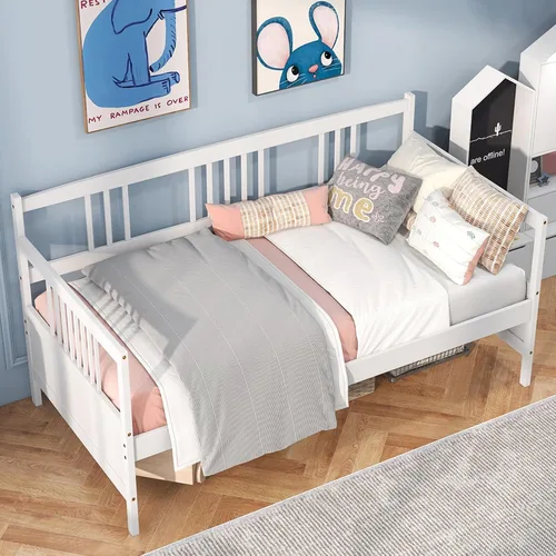 Vista 10 de KOMFOTT Marco de sofá cama de madera tamaño individual, marco de cama de sofá con soporte de listones de madera, no necesita somier, marco de sofá