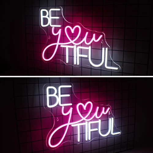 Vista 4 de Horseneon Letrero LED de neón con texto en inglés "Be You Tiful", rectangular, color rosa, 16.5 x 11.6 pulgadas, montaje en pared, tema de amor
