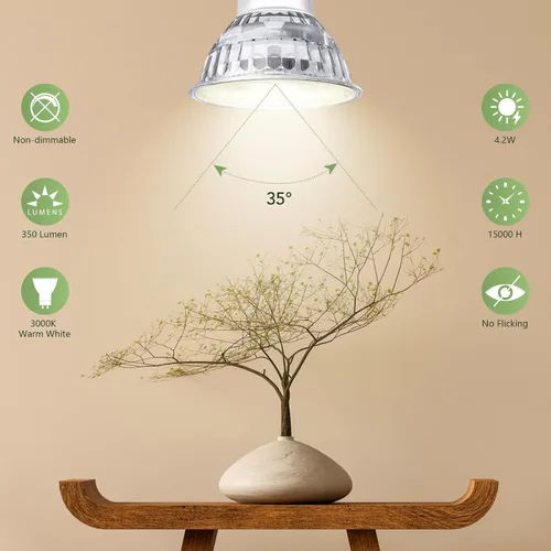 Vista 2 de Sigalux Paquete de 8 bombillas LED GU10, 3000 K blanco cálido, 4.2 W (equivalente a 50 W) no regulable, 350 lúmenes, foco de 35°, bombilla MR16 GU10