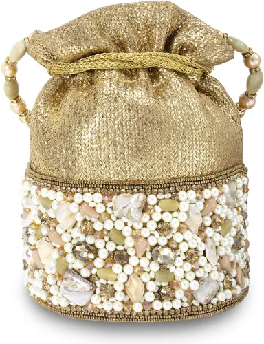 Vista 8 de Aheli Bolsas indias Potli para mujer, bolsa de noche, bolso de mano étnico para novia con cordón, regalo para el día de la madre para mamá, dorado 1