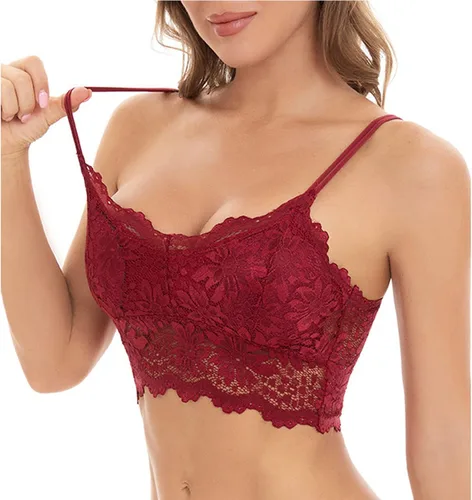 Vista 3 de Lencería de encaje sexy para mujer, brasier de tirantes sólido, a la moda, acolchado, parte superior sin mangas, ropa interior hueca