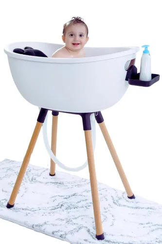 Vista 11 de Bañera de lujo para bebé con soporte de madera, diseño convertible de 3 etapas, ergonómico y protector de espalda (paquete negro (moderno))