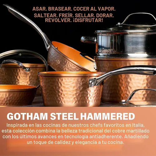 Vista 2 de Gotham Steel Juego de sartenes martilladas, 3 sartenes antiadherentes de cobre, sartén de 8, 10 y 12 pulgadas, sartén para tortillas, utensilios