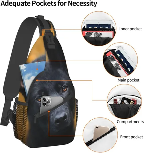 Vista 4 de Bolso cruzado de piña dorada, bolsa de hombro, mochila de senderismo al aire libre, adecuada para hombres y mujeres, Perro pastor alemán negro