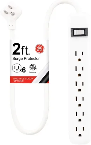 Vista 7 de GE 54626 Protector de sobretensiones de 6 tomas, 2 unidades, cable de extensión de 2 pies, 450 julios, enchufe resistente, tapas de seguridad