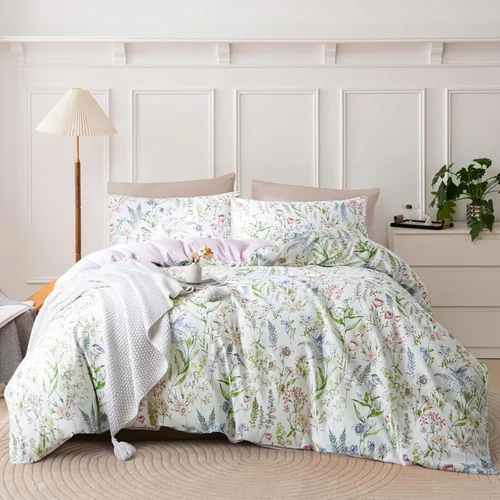 Vista 25 de EAVD Elegante funda de edredón floral pequeña, tamaño individual, suave, 100% algodón, con estampado floral pequeño, con 2 fundas de almohada