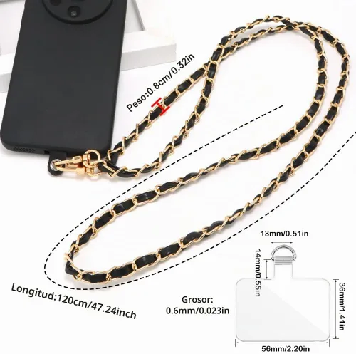Vista 3 de Cadena cruzada para teléfono Cordón para teléfono celular, Correa universal de cuero + metal para el hombro con parches de sujeción para teléfono (A)