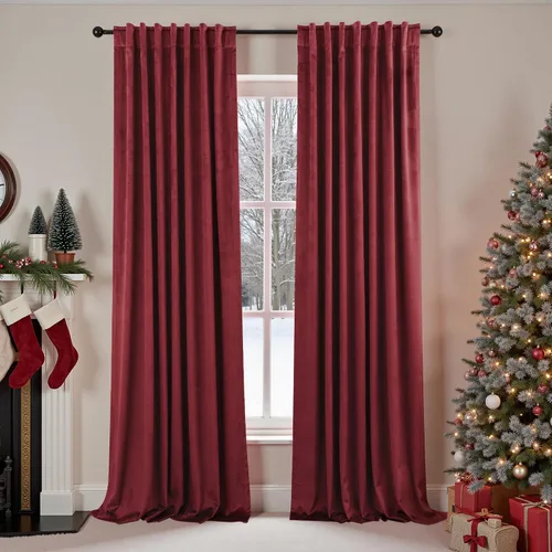 Vista 4 de Cortinas opacas plisadas de terciopelo rojo con ganchos, cortinas de Navidad para sala de estar, cortinas Rojas de Navidad para sala, cortinas
