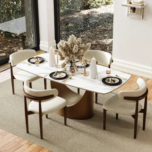 Vista 12 de POVISON Juego de mesa de comedor para 4, mesa rectangular negra de piedra sinterizada mate de 63 pulgadas con base de acero al carbono bronce, silla