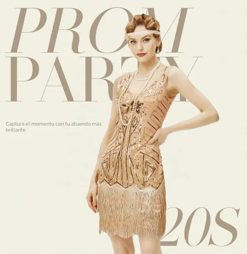 Vista 4 de BABEYOND Conjunto de vestidos flapper para mujer, con cuello en V de los años 20, con flecos y flecos, con accesorios Set - Champagne Gold