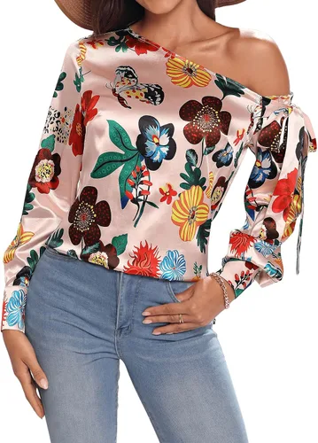 Vista 6 de Floerns Blusa lateral con nudo y cuello asimétrico y manga larga para mujer