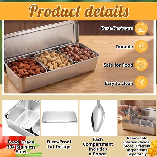 Vista 2 de Yakumi Pan & Masala Dabba, caja de condimentos de acero inoxidable 304 con 3 compartimentos, contenedor de condimentos con tapa y cucharas