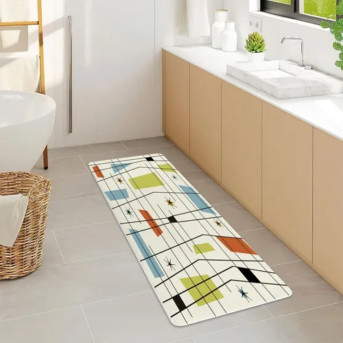 Vista 9 de Alfombra de baño de mediados de siglo, alfombra de baño estética abstracta geométrica de mediados de siglo, color verde azulado, retro, cuadrícula