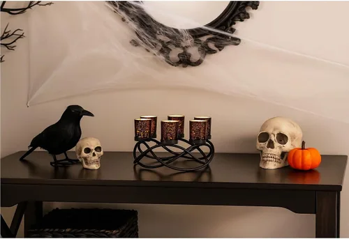 Vista 9 de Portavelas de Halloween Decoración de Centro de Mesa – Portavelas de Hierro Metal Negro de 6 Copas para Velas Votivas y de Té para Mesa Espeluznante