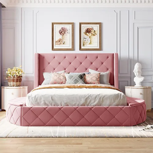 Vista 18 de VilroCaz Cama de plataforma suave de terciopelo de tamaño matrimonial de 52 pulgadas de alto y decoración de remaches, cama con plataforma