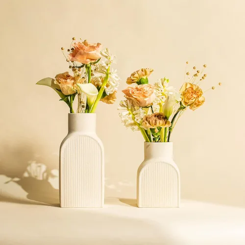 Vista 6 de Ceramic Ribbed Vases - 2 Piece Set, Small and Large Vase, Bottle Flower Planter Set. Scandi Style Home Decor. Neutral Cream Home Decor, Coastal