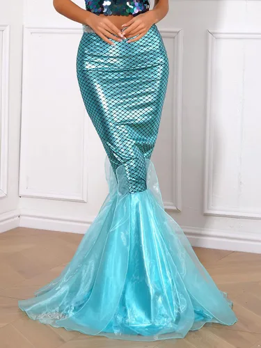 Vista 5 de FEESHOW Falda larga de lentejuelas brillantes para mujer, disfraz de Halloween, cola de sirena