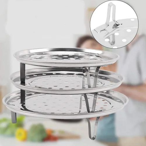 Vista 6 de Bandeja de cocina redonda de acero inoxidable de 7.9 pulgadas, estante de soporte de vapor para olla a presión, patas extraíbles, estante chino