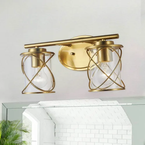 Vista 9 de mavcadonf Luces de Tocador de Baño de 2 Luces, Lámparas de Baño sobre el Espejo, Luz de Tocador Dorado Cepillado, Luces de Pared de Estilo Rústico