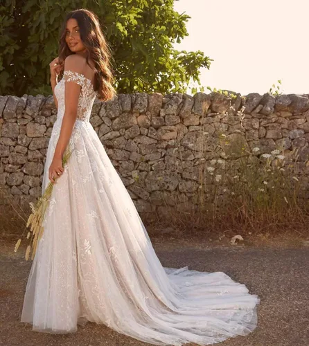 Vista 2 de Vestidos de novia de encaje boho para novia 2025 vestidos de baile de tul de manga larga vestido de novia de satén vestido de novia de sirena