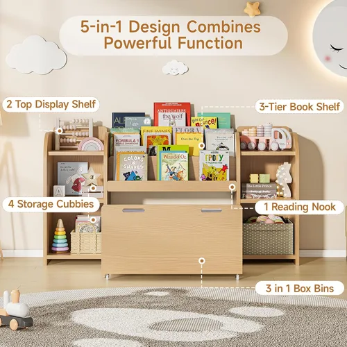 Vista 4 de ONBRILL Estantería para niños con rincón de lectura, organizador de almacenamiento de juguetes de 55.2 pulgadas, 6 cubos de almacenamiento