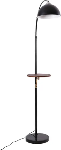 Vista 3 de Lámpara de pie industrial con mesa de madera, moderna lámpara de pie de arco negro para sala de estar, lámpara de poste de pie con base de mármol