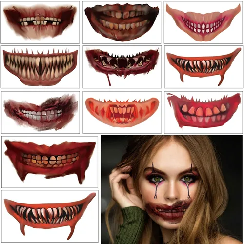 Vista 2 de Tatuajes temporales de Halloween, calcomanías de boca de terror de payaso de Halloween, calcomanías faciales, tatuajes falsos de dibujos animados