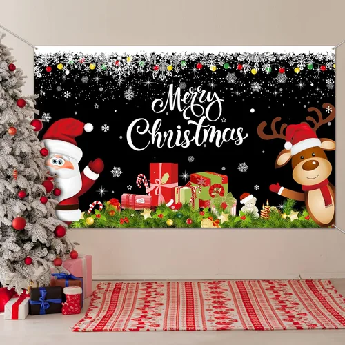 Vista 8 de Irenare Pancarta de Navidad telón de fondo de Papá Noel, reno y Feliz Navidad, cartel interior para Navidad, fiesta de vacaciones, cabina de fotos