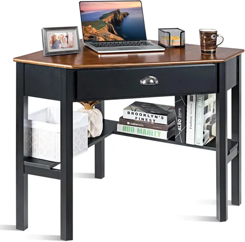 Vista 10 de KOTEK Escritorio esquinero con cajón y estantes, escritorio de madera para oficina en casa, escritorio de computadora triangular, escritorio de Negro