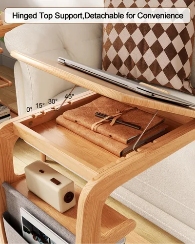 Vista 2 de AQIMUELE Mesa auxiliar de madera en forma de C, escritorio de sofá con 2 ruedas con cerradura, mesa de sofá de 4 niveles con bolsa de Natural